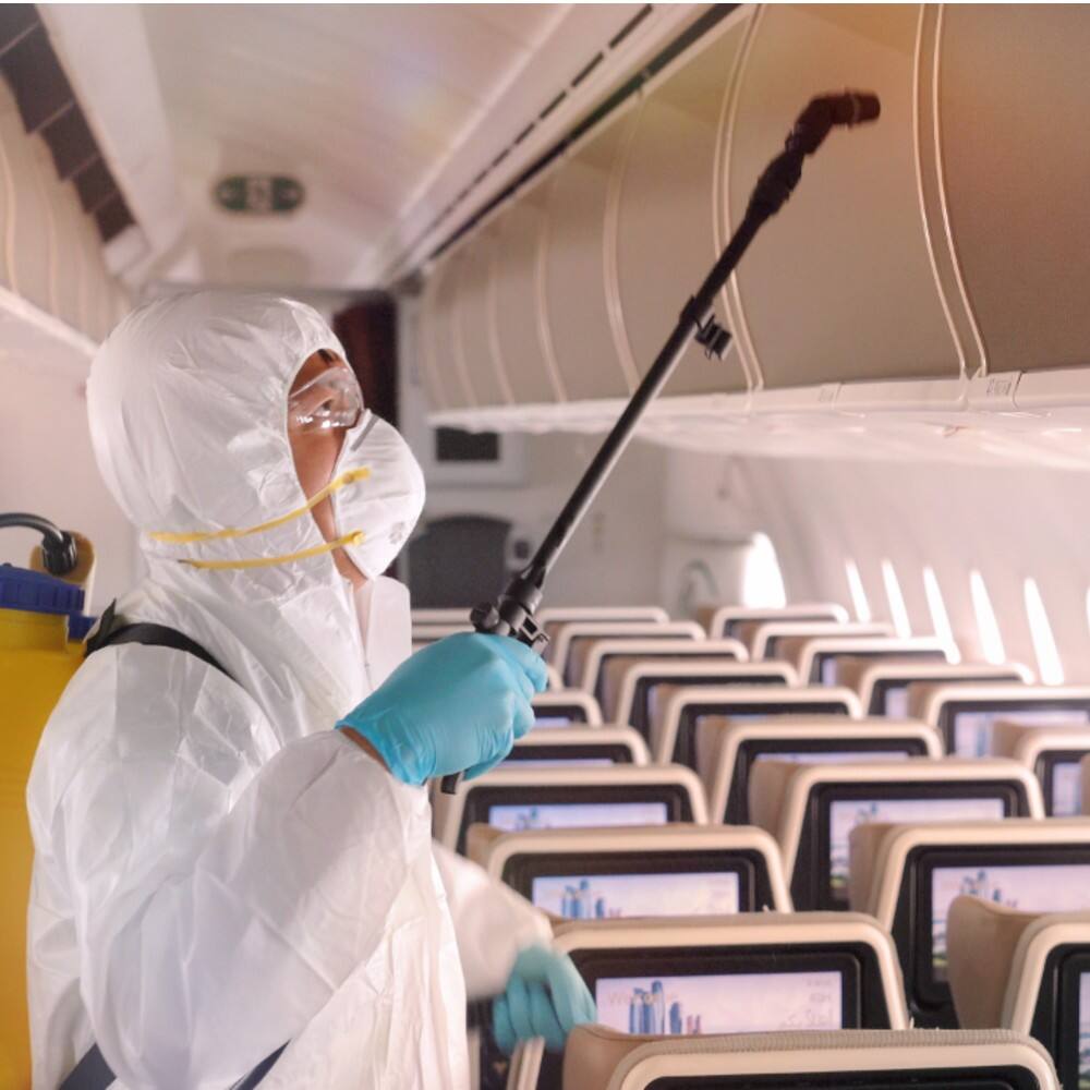 etihad flight being sanitized by cleanliness experts